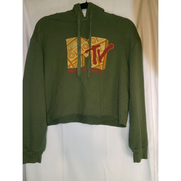 MTV‎ Retro Logo Cropped Hoodie Army Green Vintage Style Sweatshirt - Picture 1 of 3